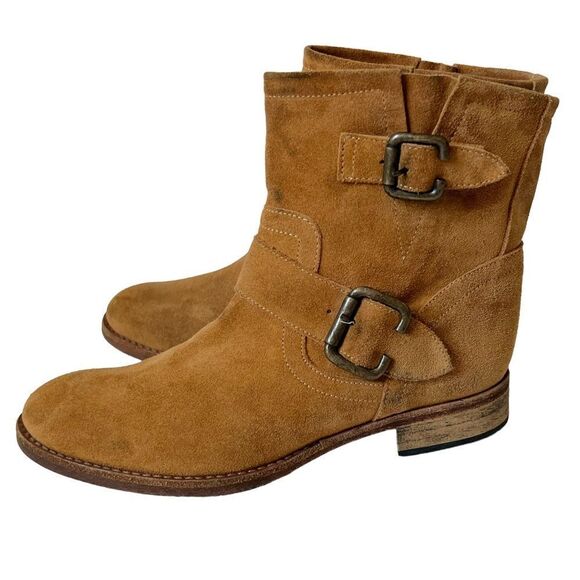 SAKS FIFTH AVENUE ITALY 10022 SHOES CAMEL SUEDE ANKLE BUCKLE BOOTS - Picture 2 of 14